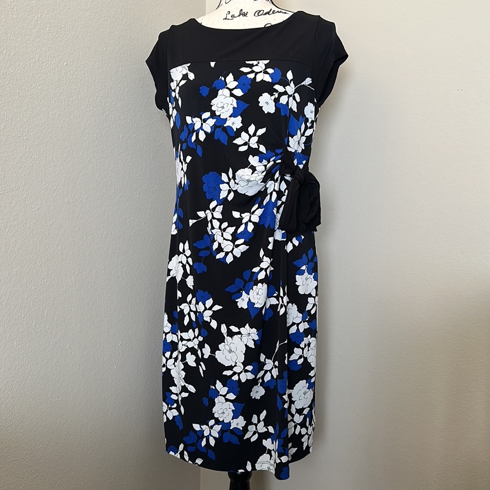 Motherhood Maternity Floral Sheath Dress Black Blue White Bow Boat Neck M